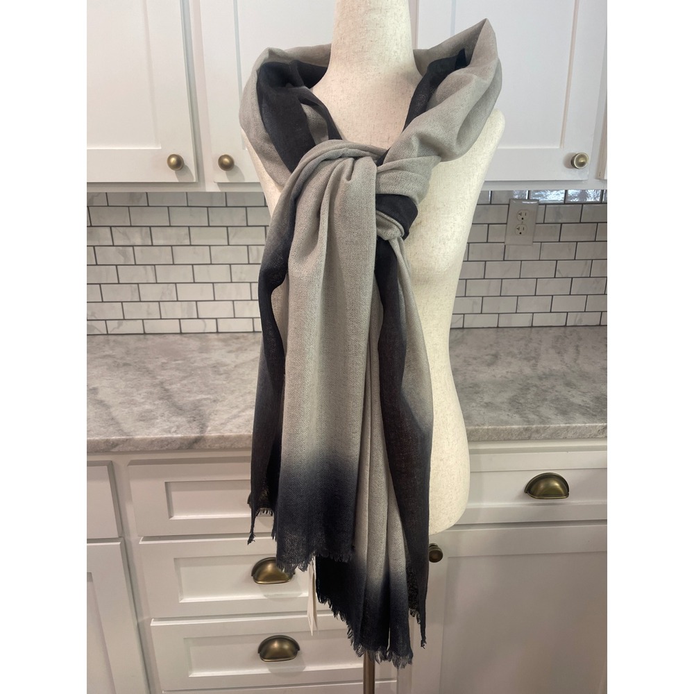 New Eileen Fisher Scarf Womens OS Grey Black Cashmere Ombre Borders F7BOZ-A0744M